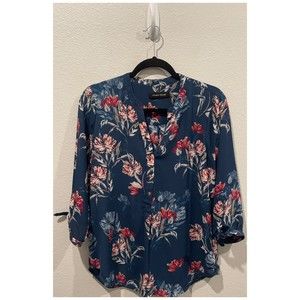 IVANKA TRUMP Blue Floral Chiffon Buttons Blouse